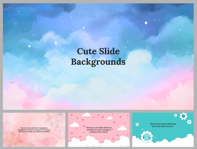 A pack of cute colorful slides background featuring dreamy clouds and soft colors, along with inspirational quotes.