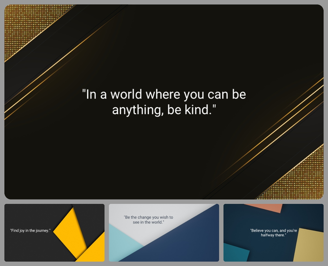 Four slide layout with motivational quotes on abstract backgrounds in black, gold, yellow, blue, and geometric color blocks.