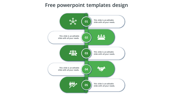 Green and white-themed five-stage flowchart design with icons and numbers, arranged to depict a step-by-step process.