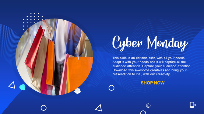 Cyber monday slide featuring a circular photo of shopping bags with abstract shapes, on a blue background.