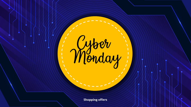 Cyber Monday graphic with yellow stitched circle on a purple background featuring circuit lines and dotted radial pattern.