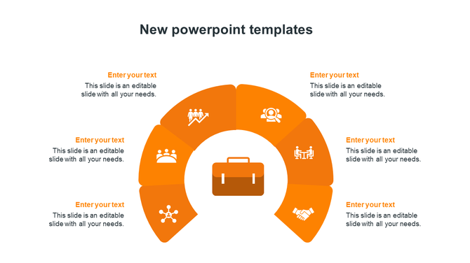 Orange segmented arc infographic with business icons in each section and a briefcase icon, paired with six text placeholders.