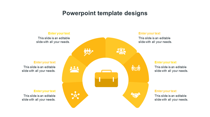 Professional yellow themed PowerPoint template with a semi circular infographic and central business icon with text area.