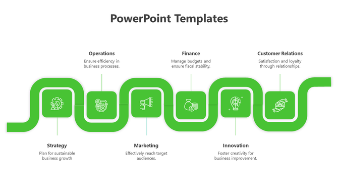 Green zigzag path infographic with six square icons representing business areas like strategy, marketing, and finance.