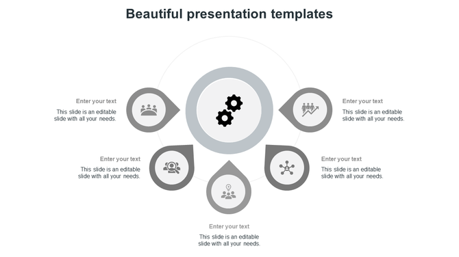 Minimalist grey circular infographic PowerPoint template with five sections surrounding a central gear icon.