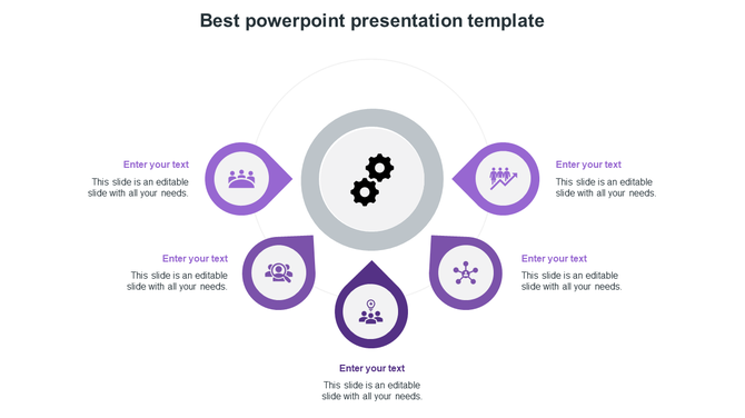 Infographic showing six purple pointers encircling a gear graphic, each with an icon and editable text beside or below.