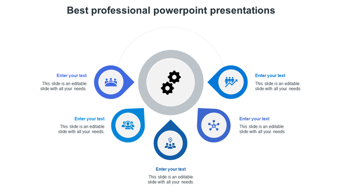 Slide with five blue teardrop icons and text areas, surrounding a central gear, arranged in a professional layout.