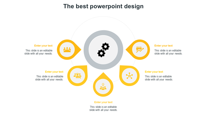 Circular infographic with a central gear icon surrounded by six yellow drop-shaped icons and placeholder text areas.