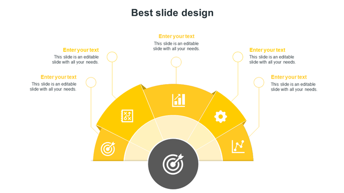 Semi circular design with five yellow sections, feauring various business related icons surrounding a target symbol.