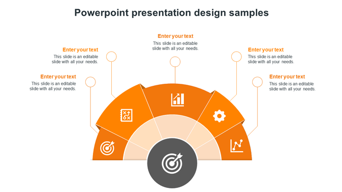 Semi circular orange infographic with five segments around a central target icon, each showing a white icon and caption.