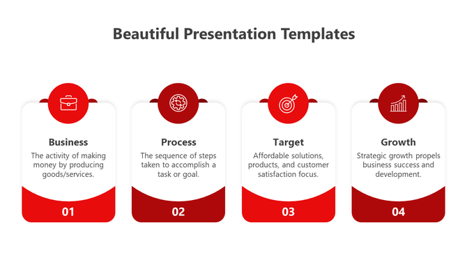 Modern business infographic slide with four red and white sections for Business, Process, Target, and Growth with icons.