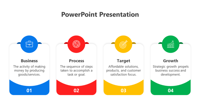 Colorful PowerPoint slide with icons representing business, process, target, and growth with placeholder text.