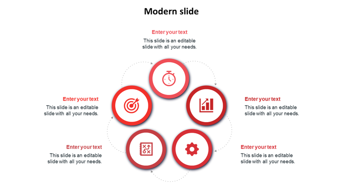 Slide design with five icons in red outlined circles, arranged in a circular pattern with text areas.