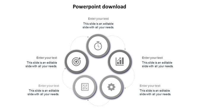 Minimalist PPT template with five grey circular icons for strategy, time management, analytics, planning, and settings.