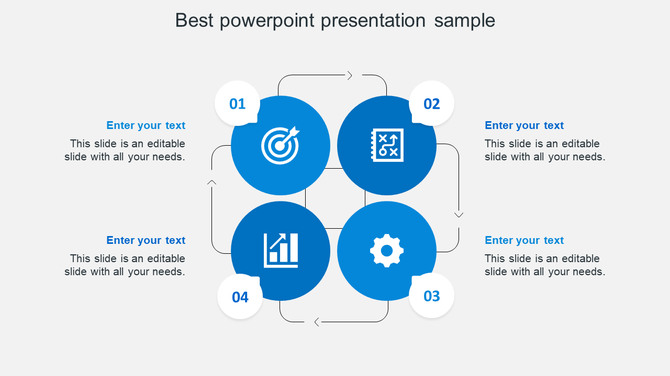 Sample infographic with four blue icons in a square layout labeled 01 to 04, each connected by arrows and captions. 