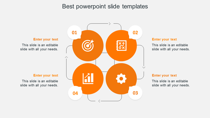 Slide featuring four orange circles connected with arrows in a circular layout on a light gray background.