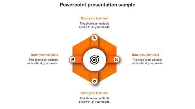 Symmetrical orange layout featuring a central hexagon with icons, surrounded by four smaller circles and text areas.