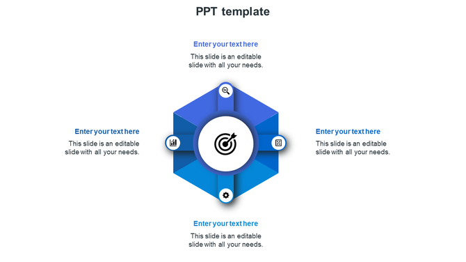 Blue themed PPT template with a central target icon inside a hexagon and four labeled sections radiating around it.