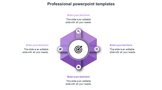 Purple hexagonal design with four circular icons and surrounding text sections arranged symmetrically.