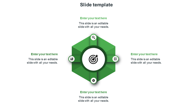 Slide design with green hexagonal diagram, central target icon, and four surrounding icons connected to text areas.