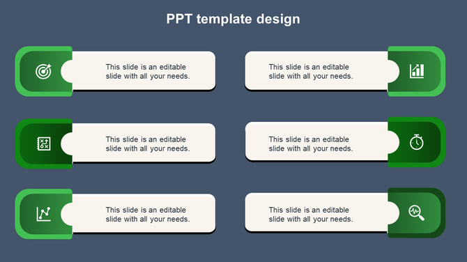 Design showing six green icons in rounded boxes, each paired with white editable caption boxes in two columns.