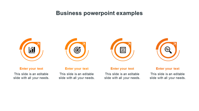 Business slide with four outlined icons in circular arrow designs, representing growth, focus, planning, and analysis.