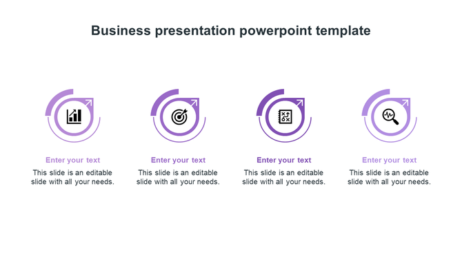 Horizontal layout with four purple arrows in circular frames, each with an icon representing business concepts.