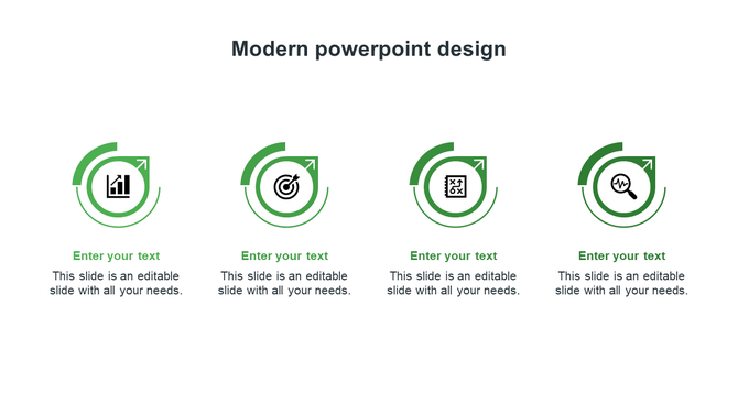 Modern slide showing four green circular arrow icons with upward arrows and business symbols, aligned above text blocks.
