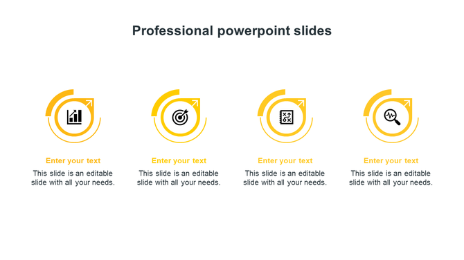 Four yellow circular icons, each containing a different business symbol, arranged in a horizontal row with text below.