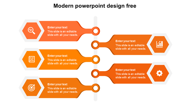 Modern orange infographic with six curved segments connecting icons and text blocks across a vertical central line.