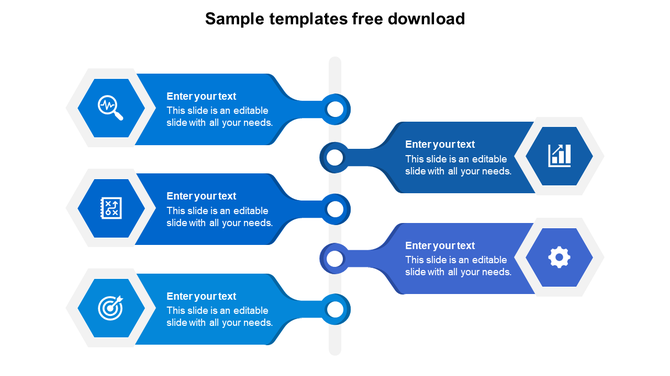 Horizontal infographic with blue hexagons featuring icons, and text boxes connected by a central line.
