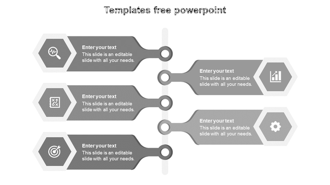 Modern business infographic PPT template with a vertical timeline and five grey hexagonal icons with placeholder text.