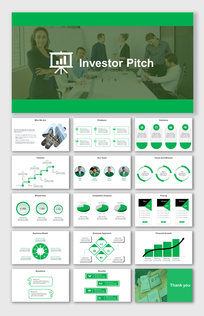 Investor pitch slide deck featuring green and white colors with various charts, graphs, and team photos.