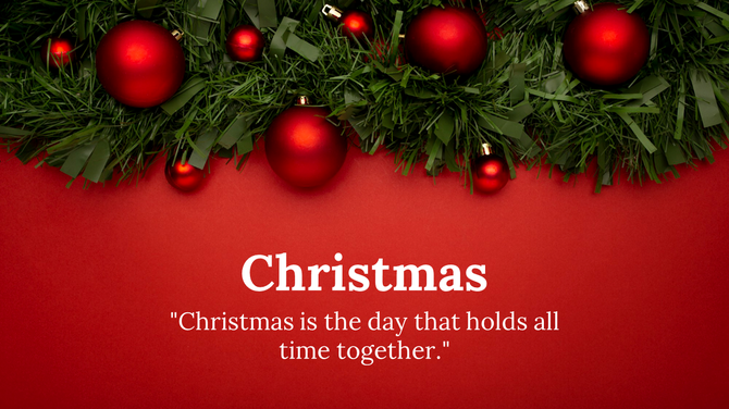 Christmas themed image with red ornaments and greenery, accompanied by a quote.