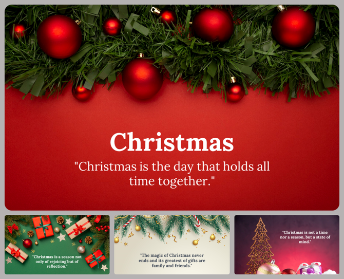 Festive Christmas PowerPoint background slides with red ornaments, pine branches, and a holiday quote.
