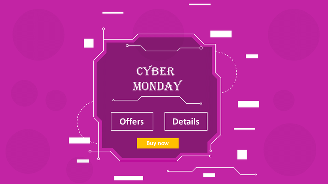 Cyber Monday layout in pink with geometric elements, white tech lines, and three central buttons for shopping info.