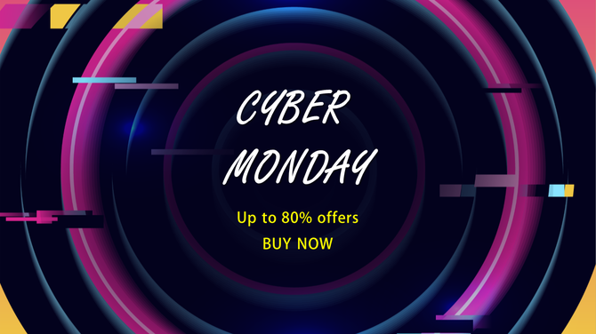 Circular design with neon pink, blue, and yellow hues, framing the promotional text highlighting cyber monday offers.