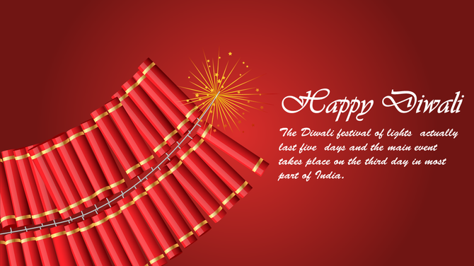 Festive Diwali design with lit firecrackers on the left and celebration text on the right in white cursive over red backdrop.