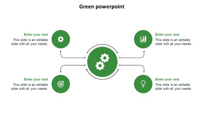 Green themed slide featuring a central gear, linked to four surrounding circles, each with distinct icons.