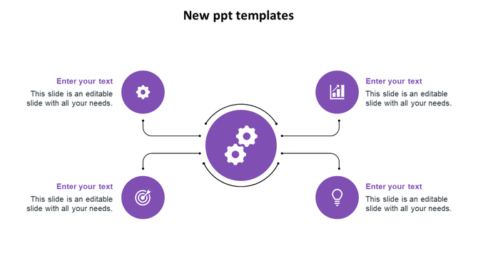 Infographic slide with a central circle and four connected purple icons around it, featuring text areas and connector lines.
