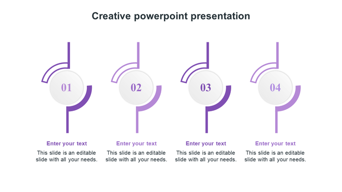 Minimalist creative infographic showing four numbered white circles with purple semi-rings and captions underneath.