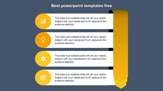 Yellow vertical ribbon with four sections, each featuring an icon and text, on a blue background.
