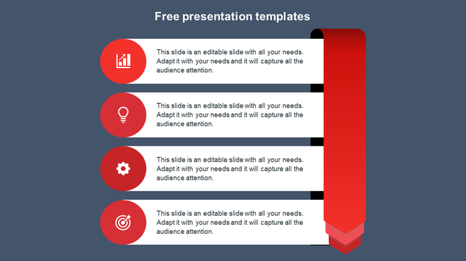 Modern PPT presentation template with a dark background, red icons, and a vertical ribbon design for listing key points.