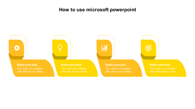 Microsoft step by step PowerPoint template with four yellow sections and text fields with icons on a white backdrop.