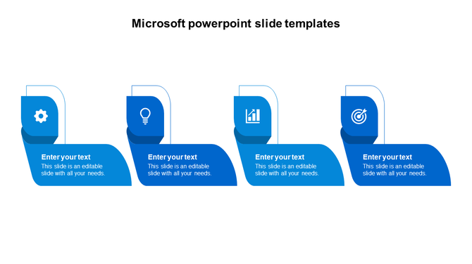 Four blue Microsoft style labels with icons for settings, idea, growth, and target, each with editable caption text areas.