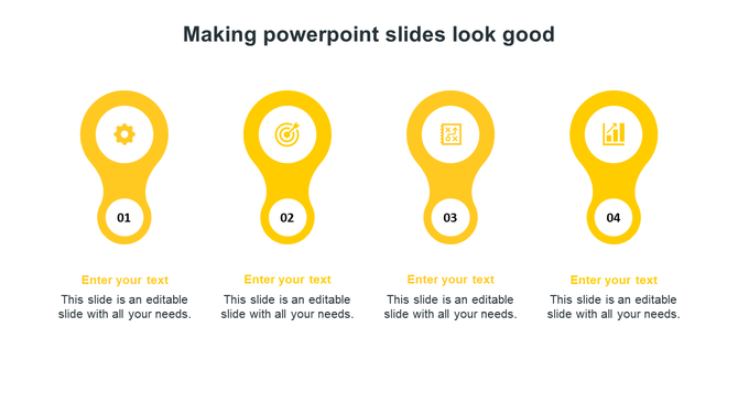 Yellow themed PowerPoint template with four infographic sections displaying icons for settings, target, strategy, and growth.