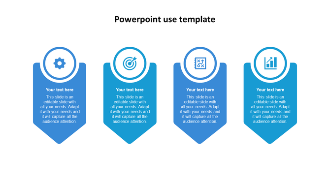 Blue PowerPoint template with four infographic sections featuring icons for settings, target, strategy, and analytics.