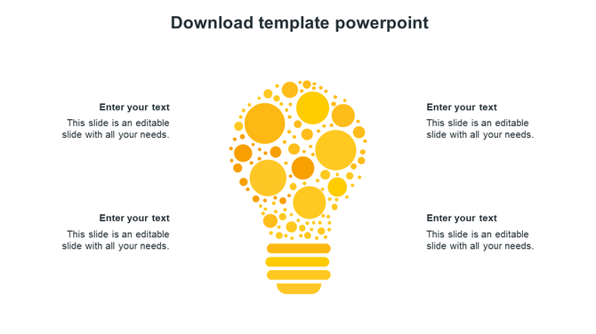 PowerPoint design in yellow hues with a bulb illustration composed of circles and four sections for text.