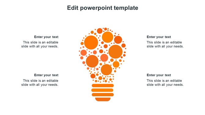 Creative PPT presentation template featuring an orange light bulb and four text placeholders around it on a white backdrop.