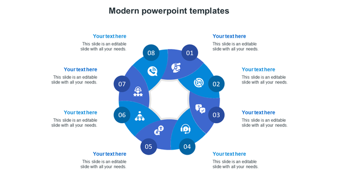 Modern blue circular infographic PowerPoint template with eight numbered sections and placeholder text on a white backdrop.